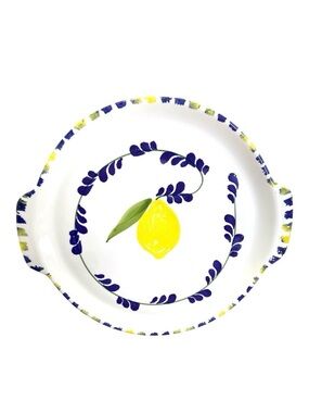 Large Hand Painted Lemon Purple Leaf Ceramic Platter with Handles 14” Farmhouse